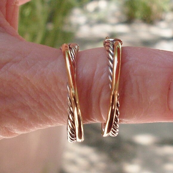 David Yurman Crossover Hoop Earrings - One Inch- 18K/925 - DY Backs Pouch Box - Picture 1 of 10